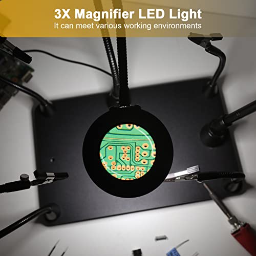 Helping Hands Soldering Circuit Board Holder Magnetic Third Hand Tools with 3X LED Magnifying Lamp, 360 Hot Air Gun Holder, Flexible Metal Arms Heavy Duty Base Electronic Repair Tool Magic Hand - Thumbnail 4