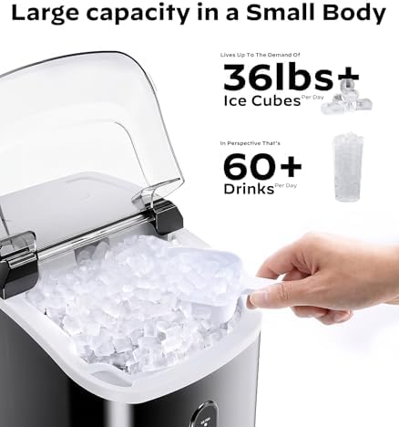 Nugget Ice Maker Countertop, Silonn Chewable Pellet Ice Machine with Self-Cleaning Function, 36lbs/24H Portable Ice Makers for Home Kitchen Office, Black - 2