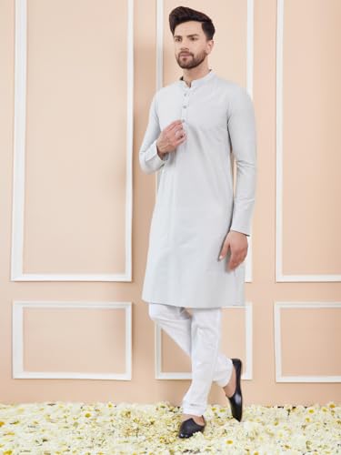 Image of See Designs Men Full Sleeve Sleeve Side Slit Mandarin Collar Cotton Solid Straight Kurta with Pyjama