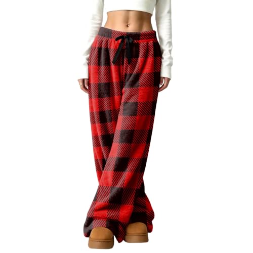 Wide Leg Pants Women Baggy Relaxed Checkered Plaid Flannel Thermal Pjs Pant - image 4
