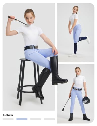 Image of FitsT4 Sports Girls Horse Riding Pants Full Seat Equestrian Pants Pockets | Non-Slip Silicone Grip, 4-Way Stretch Breathable, Zipper Pocket, Elastic Waistband for Secure Riding Training Lessons