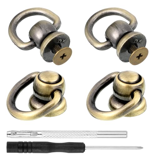 4 Pack D Rings for Purse Stud Screw Ball Studs, Antique Brass Rivets for Leather Metal D Ring Rotatable Purses Strap Hardware Button Stud Screw Kit for Repair Purses Dog Collar DIY Leathers Crafts