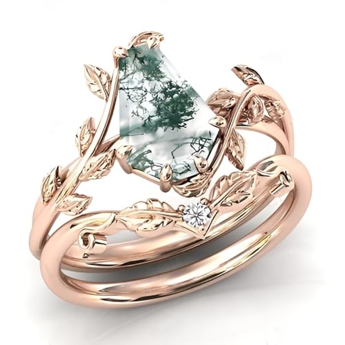 Natural Moss Agate Engagement Ring Sets for Women Solid Gold 10K/14K/18K Marquise/Hexagon/Kite/Coffin Cut Moss Agate Wedding Rings Jewelry Gifts for Her2