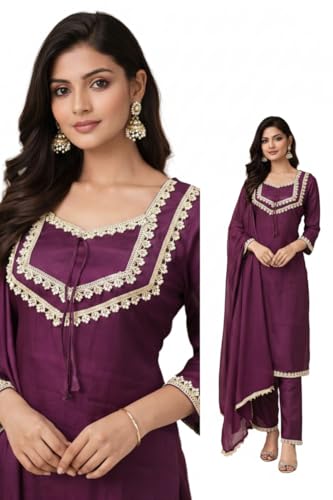 Image of Women's Ethnic Kurta Pant Suit Set, Lace Embellished Kurta with Palazzo Pants and Dupatta.