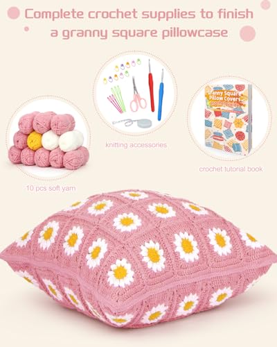 Image of Katech Crochet Kit for Beginners-Crochet Kit for Adults Learn to Crochet Daisy Granny Square Pillowcase, Knitting Starter Kit for Beginners w /Step-by-Step Instructions 920yds Granny Square Yarn