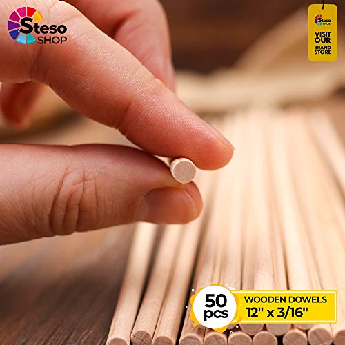 Wooden Dowel Rods For Craft 3/16 X 12 Inch - 50 Pcs Sturdy Dowels Wood - Craft Supplies Sticks For Centerpieces - Model Building Wedding Ribbon Wands… #TOP5