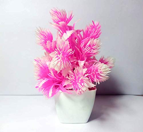 VR CREATIVES Mini Artificial Flower Plants with Pot Plastic Faux Pink Grass Fake Topiaries Shrubs for Home Decor, Washroom and Office Decor H-15 cm