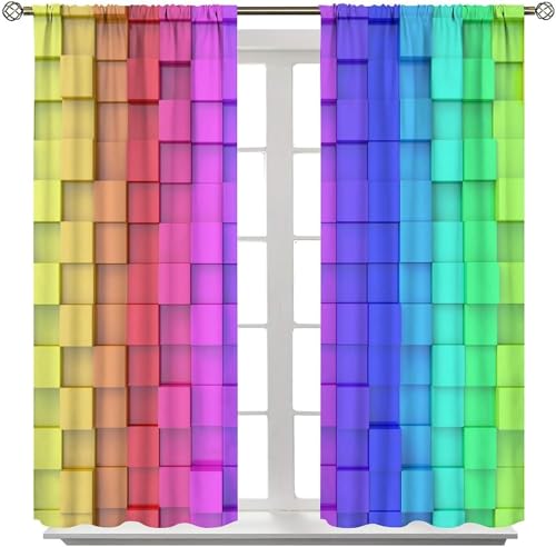 SHElifestyle Girls Colorful Window Curtains, Abstract Raindow Colored Contour Block Brick Window Treatments Geometric 3D Print Pattern Window Drapes for Kids Boys Bedroom Playroom W52 X L84