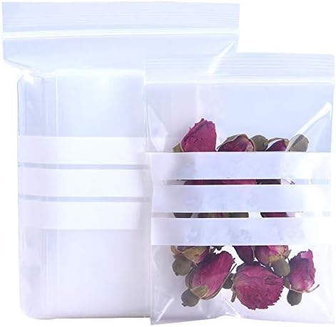 100pcs 50mm x 70mm Small Clear Resealable Plastic Bags Write on Panels Grip Press Seal Bags Zipper Lock Pouch with White Labelling Strips for Zip Snack Sample Baggies Lock