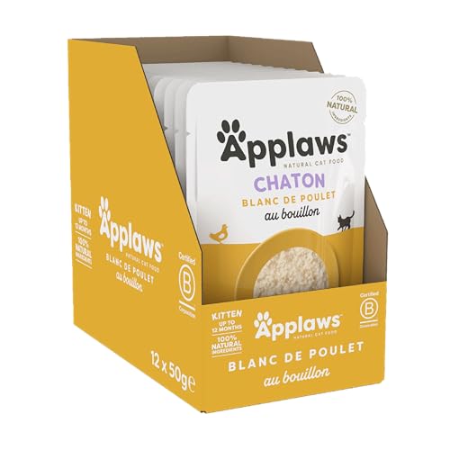 Applaws Nourriture Humide 100% Naturelle pour Chaton, Poitrine de Poulet en Bouillon - Pack de 12 Poches de 50g
