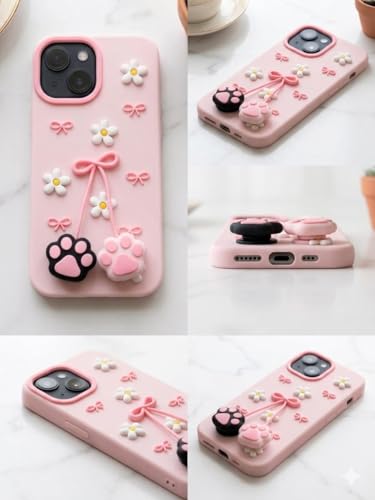 Image of for iPhone 15 Soft Silicone Phone case Features 3D Cartoon Flower and cat paw Claw Designe | Full Camara Protection | Super Soft-Touch |Shock Proof Back Cover for iPhone 15 (Pink)