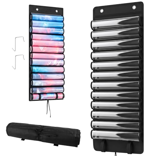 Playmat Tube Storage Bag 12+1 Hanging Playmat Organizer for MTG/TCG Playmats Oxford Cloth Holder with Clear PVC Windows Roll-Up Compact Design Includes 2 Metal Door Hooks