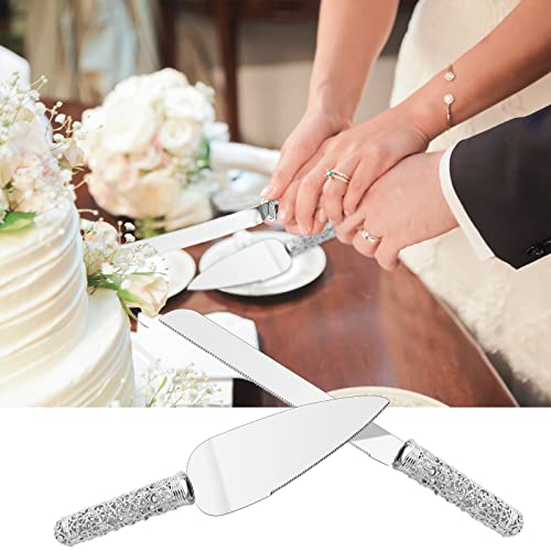 Jozen Gift Wedding Silver Cake Knife And Server Set - 2 Piece Dessert Set Metal Handle With Crystal Stones Decoration For Wedding, Anniversary Party Birthday Banquets,Gifts For Bride And Groom #TOP5