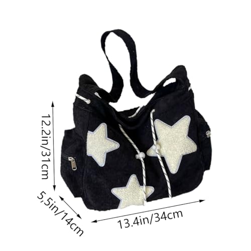 Image of Y2K Star Hobo Bag for Women - Corduroy Drawstring Crossbody Bag, Aesthetic Travel Shoulder Tote (Black)