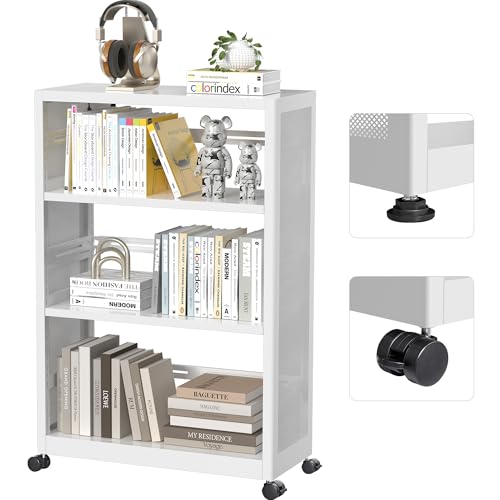 Polup [Industrial Grade] Mobile 3 Tier Bookshelf, Metal 3 Shelf Bookcase on Wheels, Heavy Duty Book Shelf for Small Space, Book Case for Home Office, Living Room, School, Assembly Required, White
