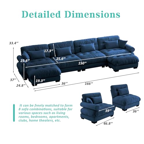 Image of SoarFlash Sectional Sofa Couch, U Shaped Modern Modular Sofa with Solid Wood Legs, Couches Sofas for Living Room Apartment, Comfortable Couches, Blue
