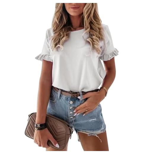 PRETTYGARDEN White T Shirts for Women - Plain Round Neck Cute Ruffle Short Sleeve Fashion Tops