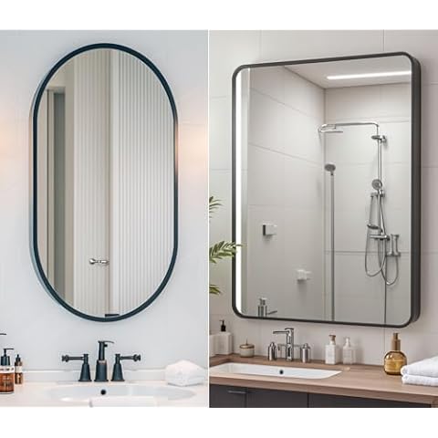 Theosynmir 16x24 Black Oval Mirror & Black Rectangle Mirror, Bathroom Mirrors for Over Sink, Metal Frame Bathroom Vanity Mirror, Modern Rectangular Mirror for Wall Cover