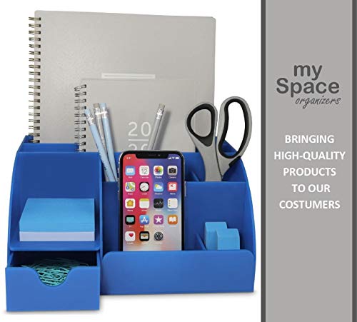 Blue Desk Organizer Office, Acrylic, with Drawer, 9 Compartments, All in One Office Supplies and Cool Desk Accessories Organizer, Pen Holder, Office Decor Desktop (Blue) - Thumbnail 6