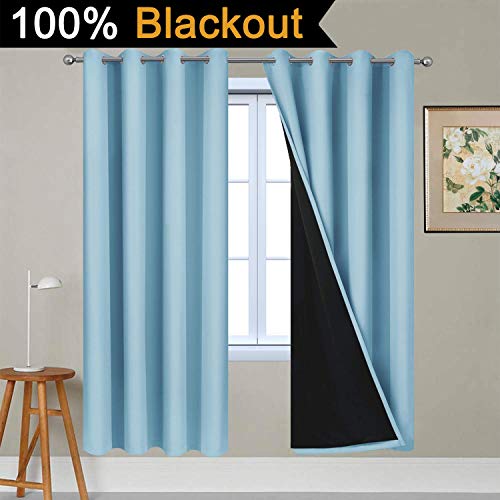 Image of Yakamok Sky Blue 100% Blackout Curtains 72 Inches Long 52 inch Wide 2 Panel | Blackout Curtain Panels for Bedroom, 2 Thick Layers Grommet Top Thermal Insulated Drapes with Black Liner for Living Room