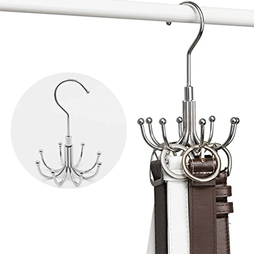 Scunda Belt Organizer For Closet, 360° Swivel Belt Hanger, 2-Pack Closet Storage Hook And Closet Accessories Organizer For Belt, Tie, Purse, Scarf, Tank Top(8 Hook, Silver) #TOP5