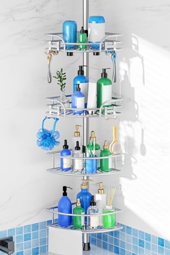 Image of HAMITOR Corner Shower Caddy Tension Pole, Adjustable No-Drill Widen Shelves,Silver Gray,Four Wire Basket