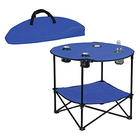 Preferred Nation | 2 Tier Folding Camping Table with 4 Mesh Cup Holders Blue | Polyester with Metal Frame | Compact, Convenient Carry Case Included | Side Table for Tailgate Cover