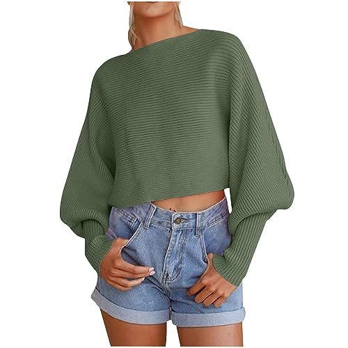 Mrat Women's Cropped s Sweatshirt Sexy Crew Neck Short Sweaters Slouchy Ribbed Knit Long Batwing Sleeve Crop Tops Pullover Ladies Baggy Warm Sweater Elegant Casual Loose s Fall Winter