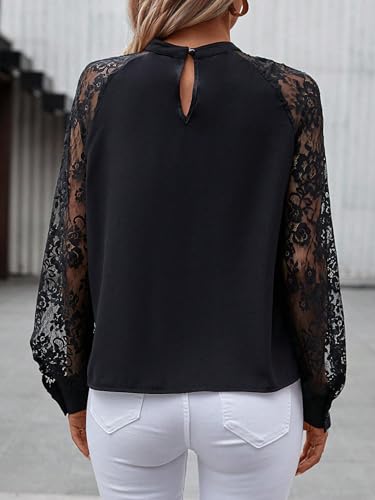 Milumia Women's Sheer Lace Patchwork Keyhole Neck Cut Out Blouse Raglan Long Sleeve Work Tops2