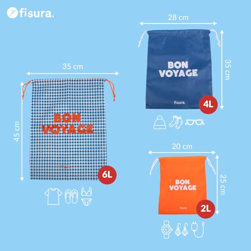 Fisura - 3 oryginalne torby podróżne "Bon voyage" torba podróżna na brudne ubrania ze sznurkiem niebieski pomarańczowy organizer do walizek zestaw toreb do przechowywania bagażu 6L 4L 2 l