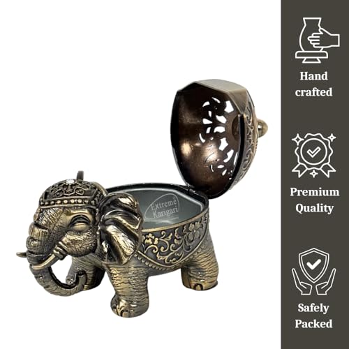Image of Trunk Down Elephant Incense Cone & Loban Burner, Antique Bronze, Handmade Luxury, Decorative Figurine, Gift Box Pack, Traditional Dhoop Batti Dhuni, Holder