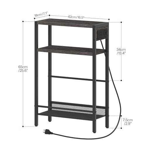 Image of HOOBRO Small Narrow Side Table with Charging Station, Skinny End Table for Small Spaces, Slim Nightstand with USB Ports Outlet, Sofa Beside Table with Storage Shelf, Charcoal Black BC102UBZ01