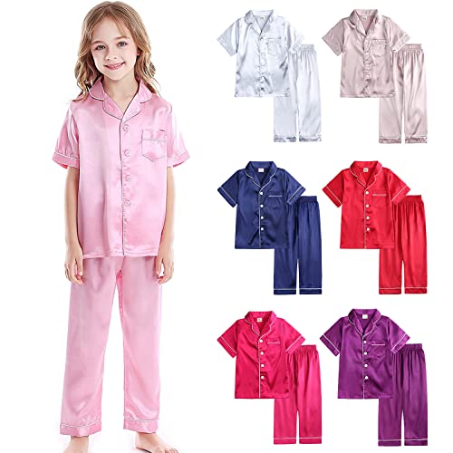 Baby Girls Boys Pajamas Set Satin Silk Kids Short Sleeves Sleepwear 2 Piece Button Down 𝐏js (Silver, 10-11 Years) #TOP5