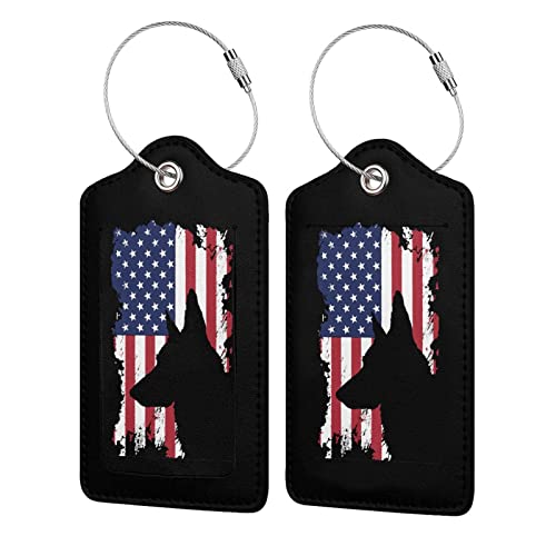 German Shepherd American Flag Leather Baggage Tag Stainless Steel Loop Leather Luggage Tag, for Suitcase Travel Bag 4 PCS