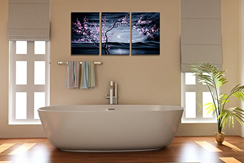 Moyedecor Art - 3 Pieces Modern Canvas Painting Wall Art The Picture For Home Decoration Purple Plum Blossom In Night View Sea View Print On Canvas Giclee Artwork For Wall Decor Gift Piece #TOP2