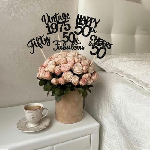 Image of 15 PCS Black 50th Birthday Centerpiece Sticks Fifty Happy 50th Vintage 1976 Table Flower Centerpieces Sticks Cheers to 50 Fabulous Floral Decorations for 50th Birthday Party Centerpieces Supplies