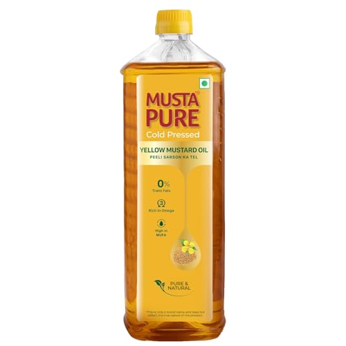 Image of Musta Pure Cold Pressed Yellow Mustard Oil 1 Litre Cooking Oil, Unrefined, Naturally Cholesterol Free, A1 Grade Real Mustard Seeds For Natural Aroma & Flavour For Roasting, Frying, Baking - PET Bottle