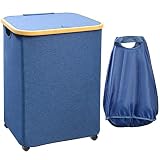 Laundry Basket with Wheels - Large Rolling Laundry Hamper With Lid and Bamboo Handles, 73L Collapsib