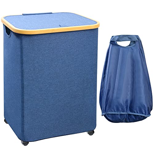 Laundry Basket With Wheels - Large Rolling Laundry Hamper With Lid And Bamboo Handles, 73L Collapsible Cloth Hamper For Laundry, Waterproof Removable Bag For Closet Dorm Toys Organizer (Blue) #TOP18