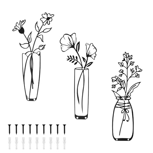 3 jarrones de metal para pared, diseño de flores, color negro, minimalista, decoración de pared para el hogar, dormitorio, comedor, fiesta de inauguración de la casa (A)