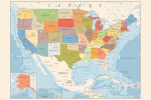 Poster USA carte vintage plastifiée Proframes anti-déchirure style rétro fonderie