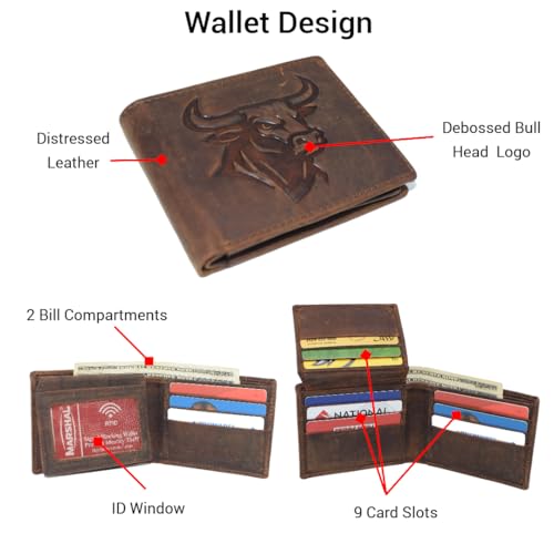 MARSHAL Genuine Leather RFID Bifold Wallet for Men Western Bull Design Rustic Cowboy Wallet (Brown)4
