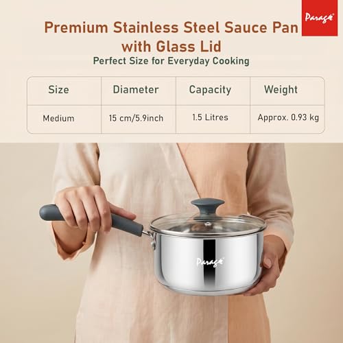 Image of Parage Stainless Steel Saucepan with Glass Lid, Induction & Gas Compatible, 1.5 Liters Triply Bottom Sauce Pan, Milk Boiler Tea Pan with Silicon Handle for Daily Cooking, 2 Years Warranty