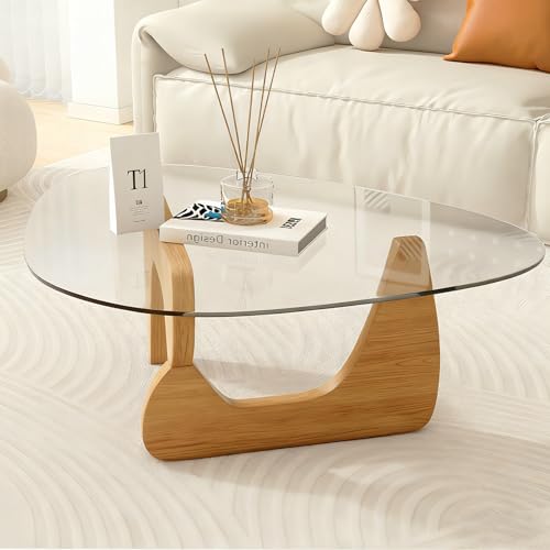 Glass Coffee Table, Mid Century Modern Light Wood Coffee Table with Tempered Glass Top and Wood Legs, Farmhouse Living Room Center Tables for Small Space, Easy Assembly