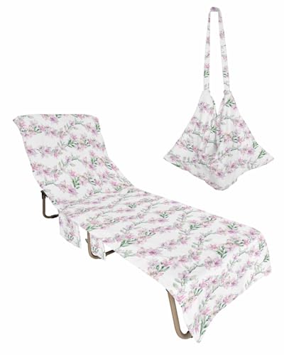 Pink Floral Beach Lounge Chair Towel Cover, Soft Chaise Lounge Towel with Side Pockets Patio Pool Chairs Cover for Beach/Pool Sunbathing 29x85 Spring Summer Botanical Teal Watercolor Chic