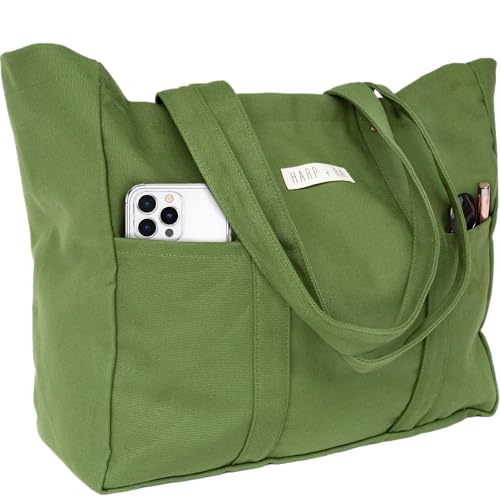 Harp + Ra Extra Large Unscructured Canvas Tote Bag for Women - Open Top, Everyday Carry, Pockets - no zipper - Gift for Women (Forest Green)