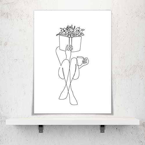 Modern Abstract Minimalist Line Women Reading Canvas Wall Art Boho Botanical Flower Aesthetic Posters Contemporary Black White Female Body Drawing Silhouette Painting Bedroom Decor 12X16In Unframed #TOP1
