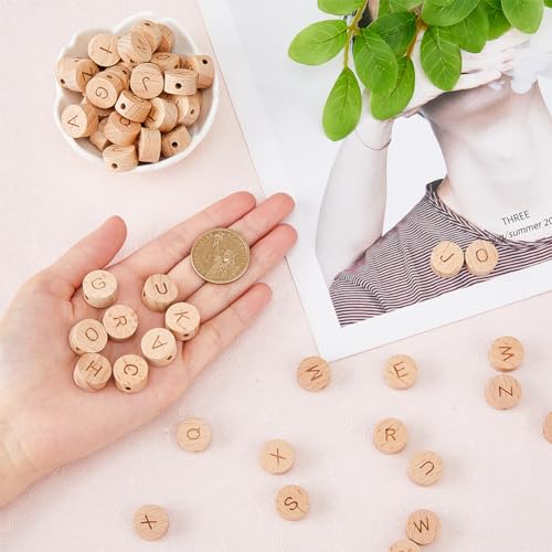 HOBBIESAY 78Pcs 26 Styles Undyed Wood Beads 5x8mm Horizontal Hole Random Alphabet Beads Flat Round with Laser Engraved Letter A-Z Cube Wood Beads with Initial 26 Letters for DIY Jewelry - Image 3