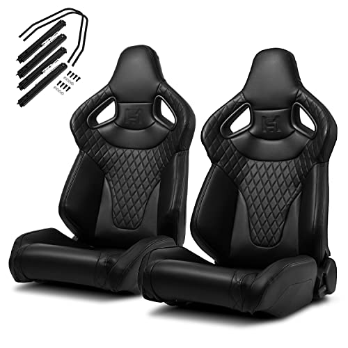 ModifyStreet Black Stitching w/Carbon Fiber Leather PVC Reclinable C-Series Sport Racing Seats W/Slider Left/Right