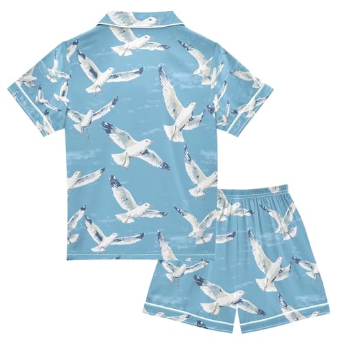 senya Seagull Flying The Sky Satin Summer Pajama Sets Silk Short Sleeve Button Down Sleepwear2